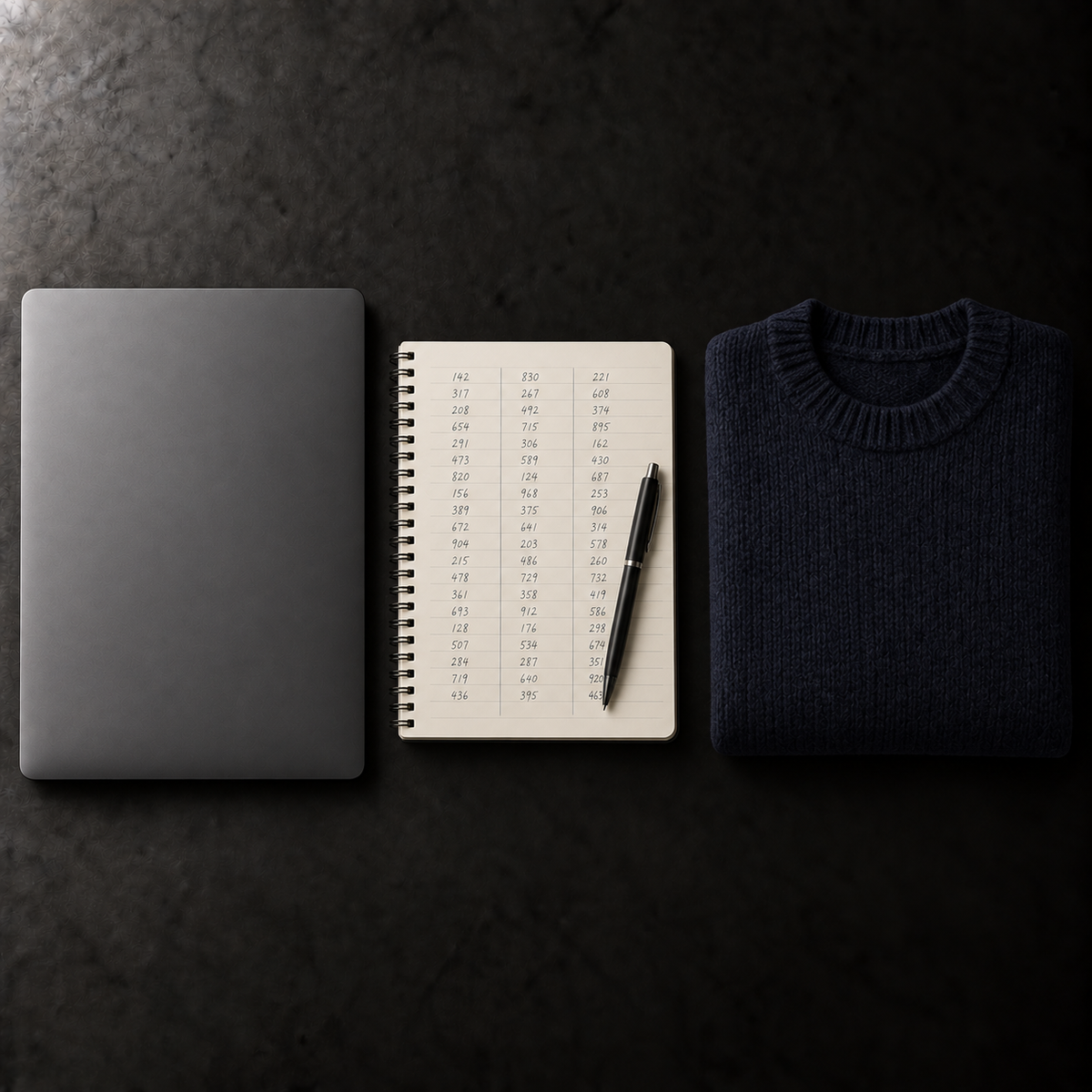 A laptop, a notebook of figures and a folded sweater on a dark surface