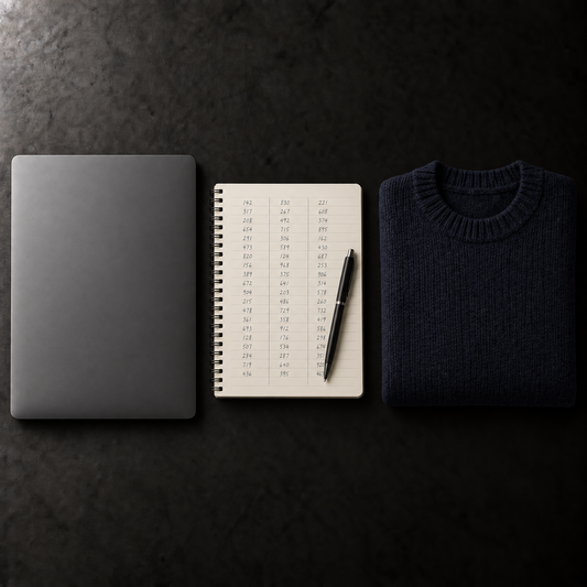 A laptop, a notebook of figures and a folded sweater on a dark surface