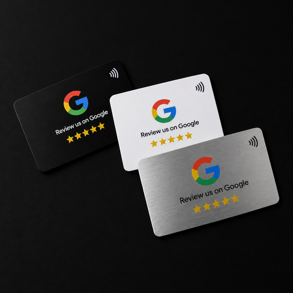 Google review NFC cards in black, white and silver
